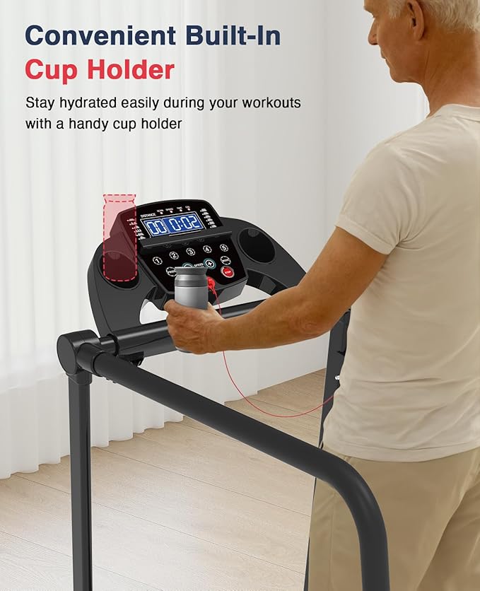 Redliro Walking Treadmill with Long Handrails – Treadmill for Seniors 300 lbs Capacity – Foldable, Lightweight with Wheels, Cup & Phone Holder – Recovery Machine for Home or Apartment