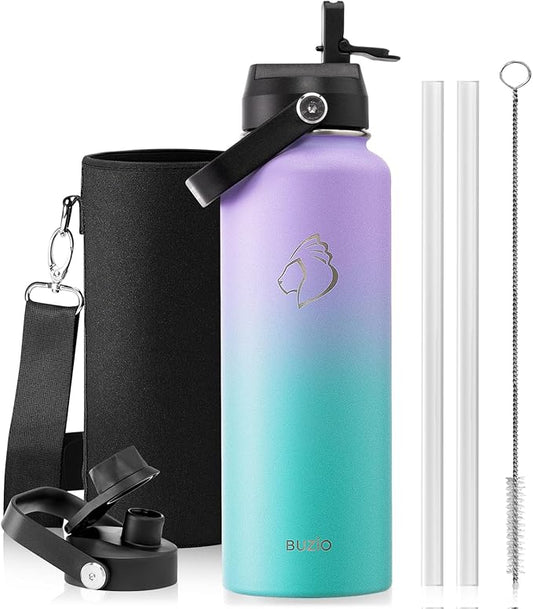 BUZIO 40oz Insulated Water Bottle, Stainless Steel Double Wall Water Flask (Cold for 48 Hrs) Leak Proof Sports Bottles Jug with Straw Lid Flex Cap Metal Canteen for Gym Travel Camping,Purple Green