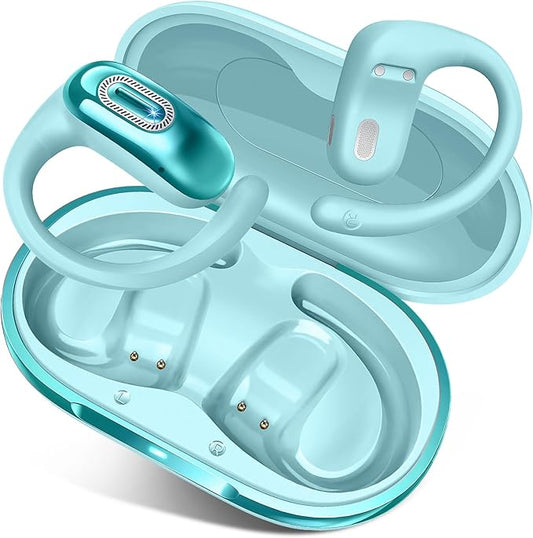 Open Ear Headphones, Bluetooth 5.4 Earbuds, 50H, Air Conduction Ear buds, HD Stereo Bass Over Ear Earphones with Earhooks, Ultra-Comfort Secure Fit, IPX7 Waterproof Headset for Working Sports, Blue