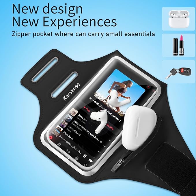 Running Phone Holder, Arm Band for Running for iPhone & Samsung Galaxy, Cell Phone Armband Holder for Walking, Gym, Workout, Men, Women, w/Adjustable Strap & Zipper Pocket (Black-L)