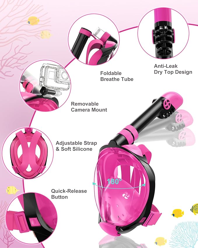 Mask Fins Snorkeling Gear for Adults, Full Face Snorkel Mask & Adjustable Swim Fins Snorkel Set, Panoramic View Snorkel Mask Dry Top Anti-Fog Anti-Leak