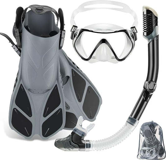 ZEEPORTE Mask Fin Snorkel Set, Travel Size Snorkeling Gear for Adults with Panoramic View Anti-Fog Mask, Trek Fins, Dry Top Snorkel and Gear Bag for Swimming Training, Snorkeling Kit Diving Packages