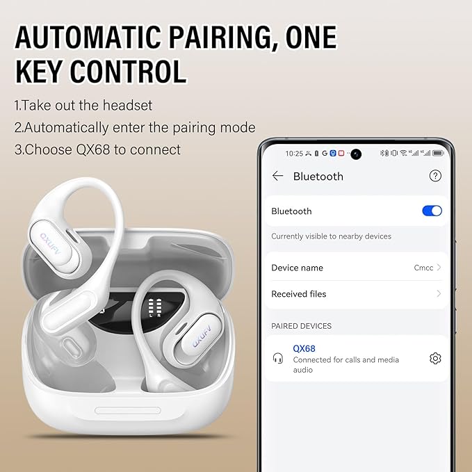 Open Ear Headphones, Bluetooth 5.4 Headphones Sports, Premium Sound with HD Mic Wireless Earbuds, 48H Playtime LED Power Display Ear Buds, IPX7 Lightweight Comfort Earphones for Running, White