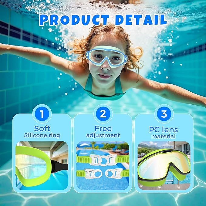 Swim Goggles for Kids 3-15 with Earplugs Large Frame Anti-Fog/UV Swimming Goggles for Boys Girls Toddler 2PCS
