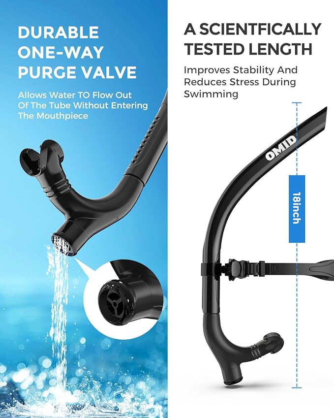 OMID SN1 Snorkel for Adult Youth, Diving Snorkel with One-Way Purge Valve, Food-Grade Silicone Mouthpiece