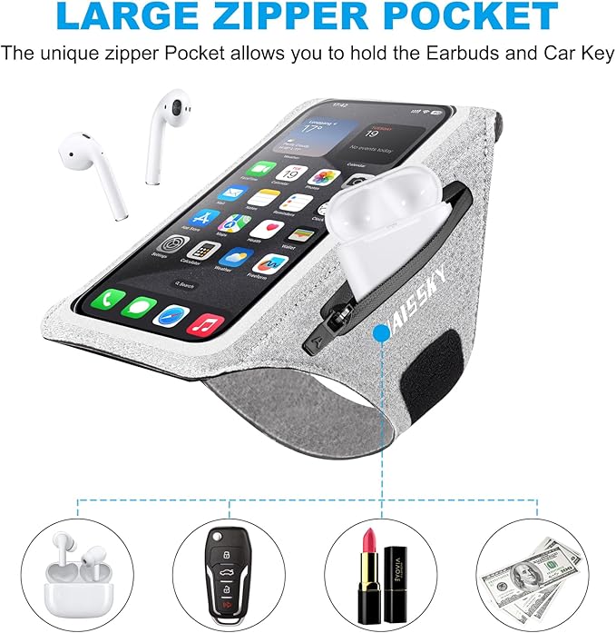Cell Phone Running Armband with Earbuds Zipper Pocket Armband Case Running Holder For iPhone 16 Pro Max/15/14 Pro Max/13/12 /11 Pro Max/XS/XR ,Galaxy S20 S10,Sweatproof Arm Band with Card/Key Bag