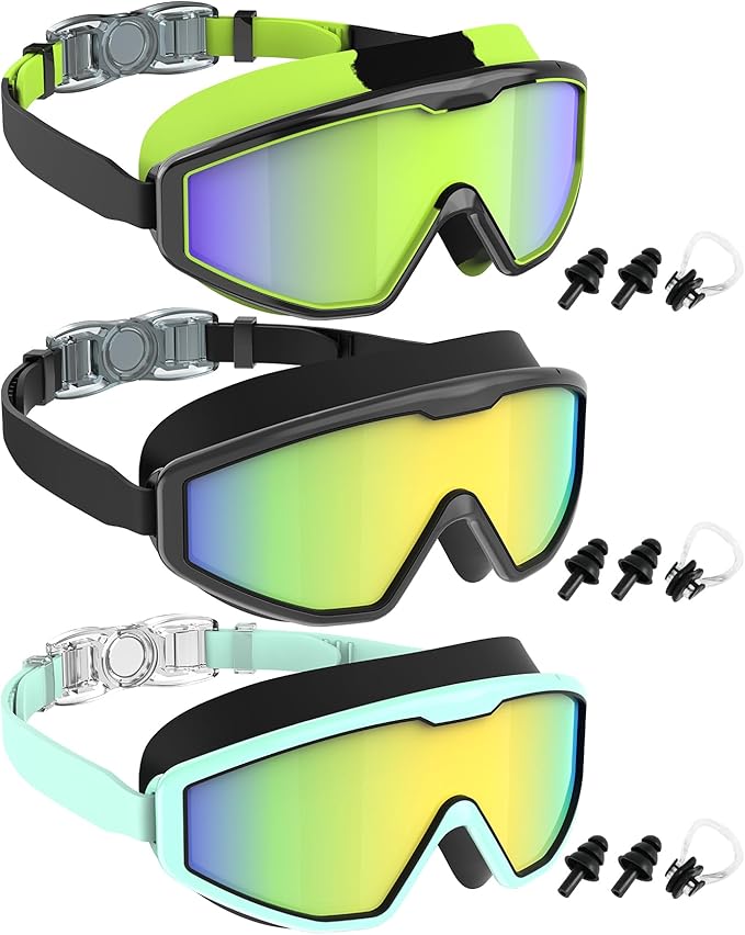NSSIW Swim Goggles Swimming Kids-Goggles: Anti Fog No Leak with Nose Clip Earplugs for Girls Boys Youth 6-14 3 Pack
