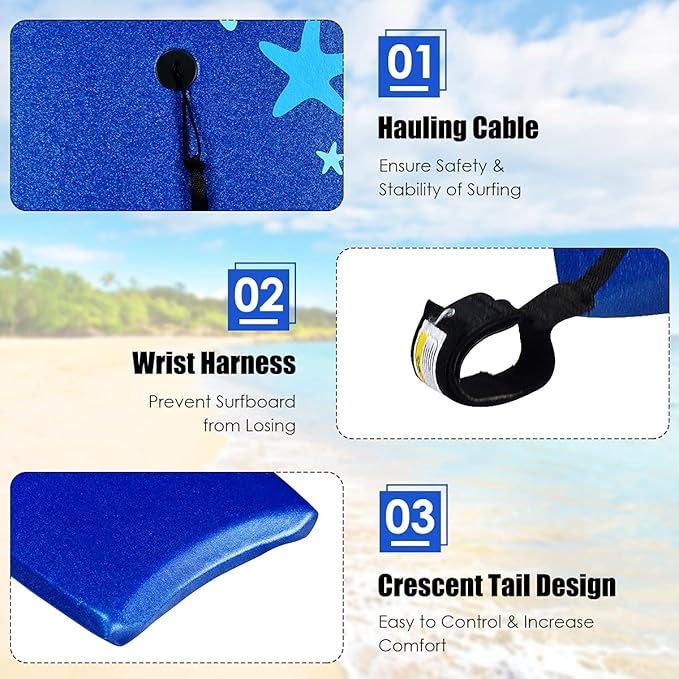 KOTEK 33/37/41 Inch Body Board with Wrist Leash, EPS Core, Dual Channel, HDPE Slick Bottom, Bodyboard for All Skill Levels & Wave Conditions