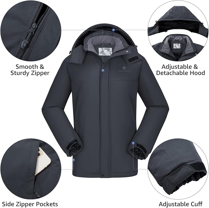 CAMEL CROWN Men's Mountain Ski Snow Jacket Waterproof Winter Coat Snowboarding Windbreaker Windproof Warm Hooded Snow Coat