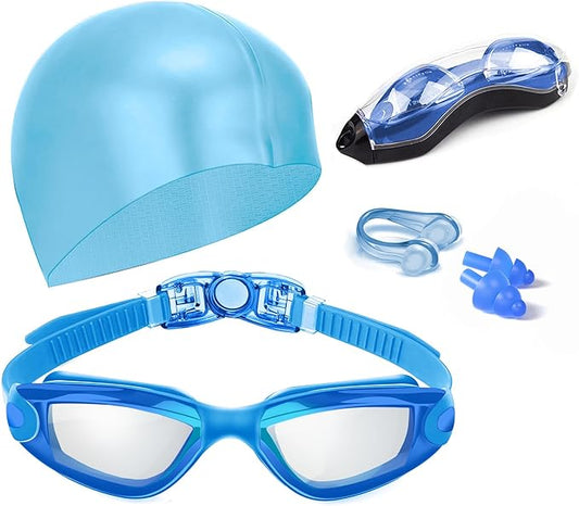 Swim Goggles Swimming Goggles No Leaking with Nose Clip, Earplugs, Swim Cap and Case for Men Women