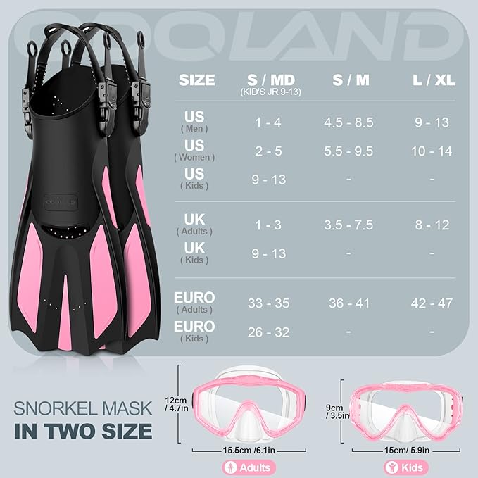 Odoland Kids Snorkeling Packages Snorkel Set, Dry Top Snorkel Mask with Adjustable Swim Fins for Boys and Girls Age 7-14