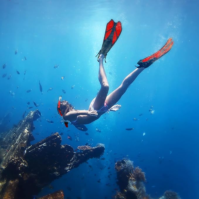 ZEEPORTE Mask Fin Snorkel Set, Travel Size Snorkeling Gear for Adults with Panoramic View Anti-Fog Mask, Trek Fins, Dry Top Snorkel and Gear Bag for Swimming Training, Snorkeling Kit Diving Packages