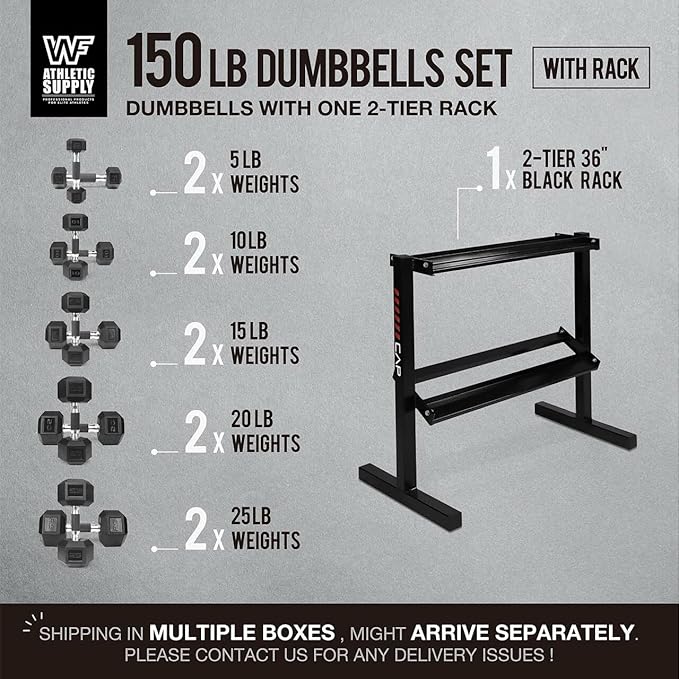 WF Athletic Supply Rubber Encased Hex Dumbbells with Rubber Grip Contoured Handle for Muscle Toning, Strength Building & Full Body Workout