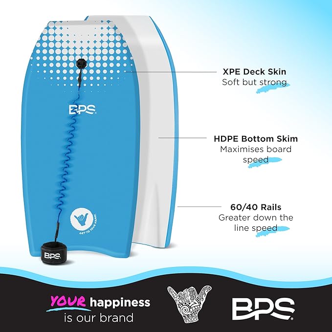 BPS New Zealand ‘Shaka’ Body Board for All Wave Conditions - Lightweight with EPS Core, HDPE Slick Bottom, Body Boards for Beach with Wrist Leash and Plug for Kids and Adults - All Skill Levels