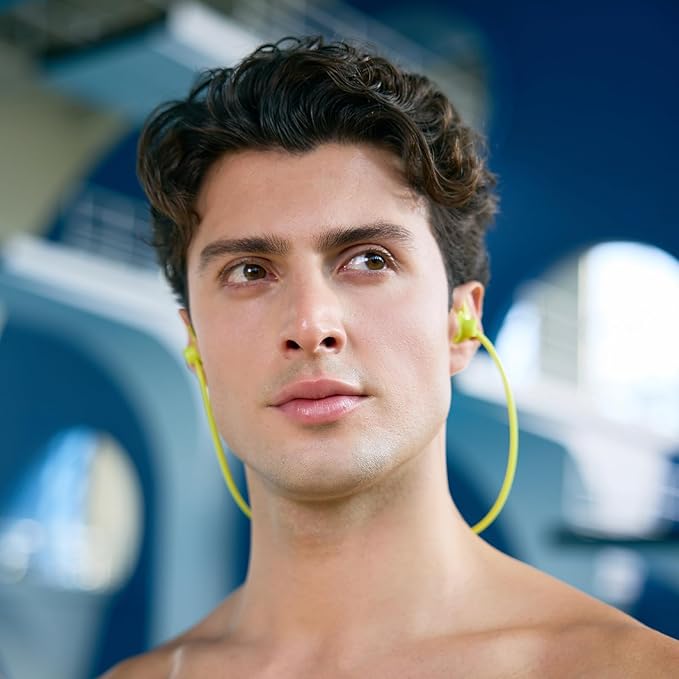 WATERTIME Waterproof Swimming Neckband Ear Plugs for Adults - Reusable Silicone Ear Plugs for Women & Men, Keep Ear Water Out for Swimming, Showering, Water Sports (Yellow, One Size)