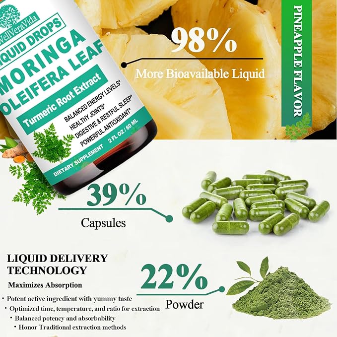 Organic Moringa Liquid Drops, Pure Moringa Oleifera Leaf Extract w. Turmeric, Black Pepper & Vitamin C E, Moringa Supplemens for Activates AMPK & GLP-1, Energy Antioxidant Skin Gut