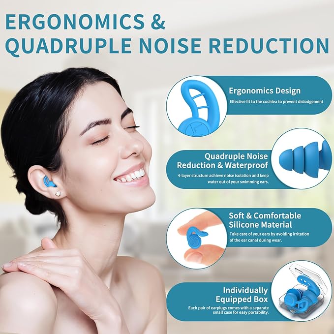 Swimming Ear Plugs for Adults, 4 Pairs Reusable Silicone Waterproof Colorful Swim Earplugs for Swimming Showering Snorkeling Surfing and Water Sports, Water Ear Plugs for Men and Women