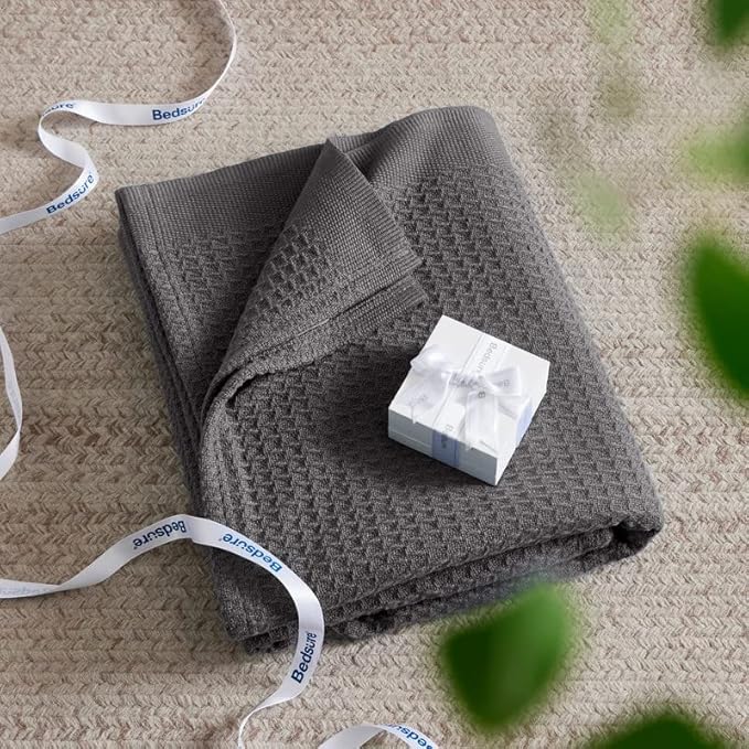 Bedsure 100% Cotton Blanket King Size for Bed - Breathable and Soft, Waffle Weave Blanket for Summer, Thick Cozy Fall Blankets for Women Gift, Dark Grey, 104x90 inches