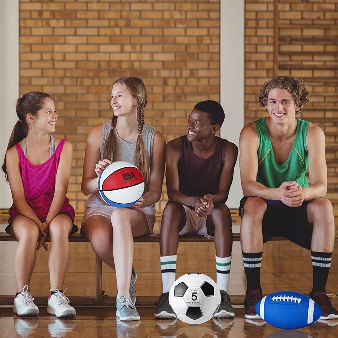 Sratte 6 Pcs Sports Balls Set for Kids Teens Adults Official Size Football Soccer Basketball with Pump Sports Equipment Bag for Youth Training Practice Gift Back to School