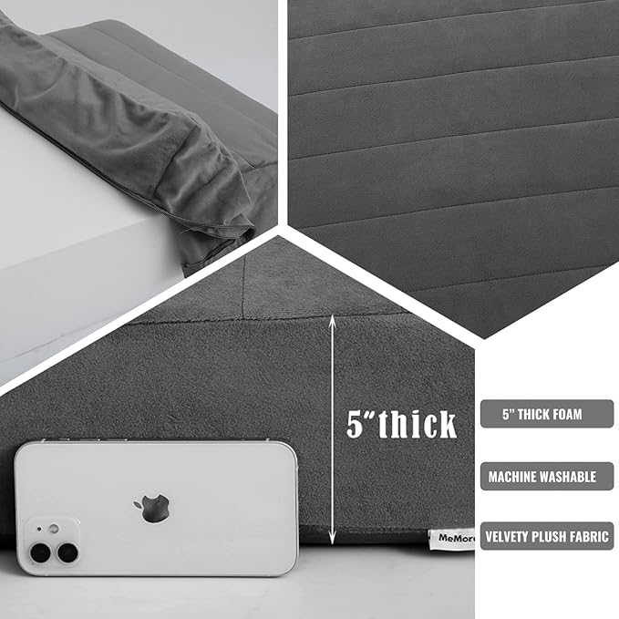 MeMoreCool Square Floor Pillow for Adults and Kids, Large Meditation Cushion with Thick Foam and Washable Tufted Cover, 24-Inch Grey Seat for Sitting and Yoga