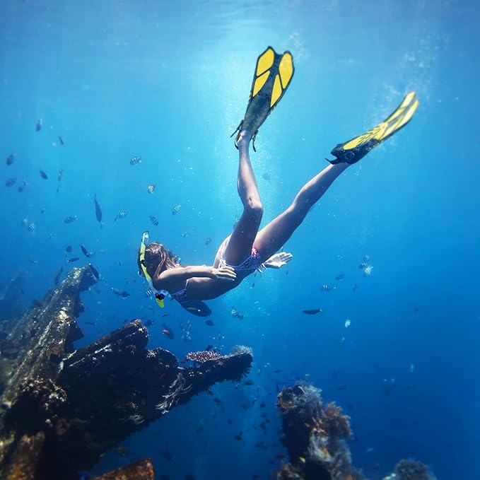 ZEEPORTE Mask Fin Snorkel Set, Travel Size Snorkeling Gear for Adults with Panoramic View Anti-Fog Mask, Trek Fins, Dry Top Snorkel and Gear Bag for Swimming Training, Snorkeling Kit Diving Packages