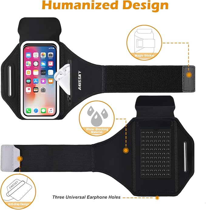 Running Armband with Earphone Bag Cell Phone Armband for iPhone 16 15 Pro 14 Plus 13 11 XR XS, Galaxy S24/S10 Water Resistant Sports Phone Holder Case & Zipper Slot Car Key Holder for 6.9 inch Phone