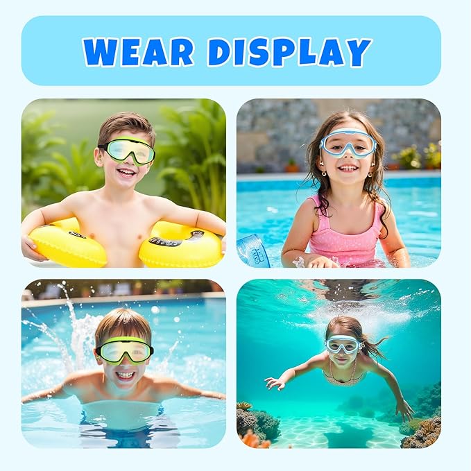 Swim Goggles for Kids 3-15 with Earplugs Large Frame Anti-Fog/UV Swimming Goggles for Boys Girls Toddler 2PCS