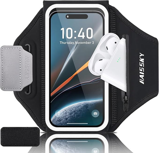 Running Phone Armband with Earphone Holder - 3D Design Cell Phone Armband for iPhone 15/14/13 Pro/Plus & Galaxy S20/S10, Water Resistant Sports Phone Holder with Key Slot for 6.9" Device