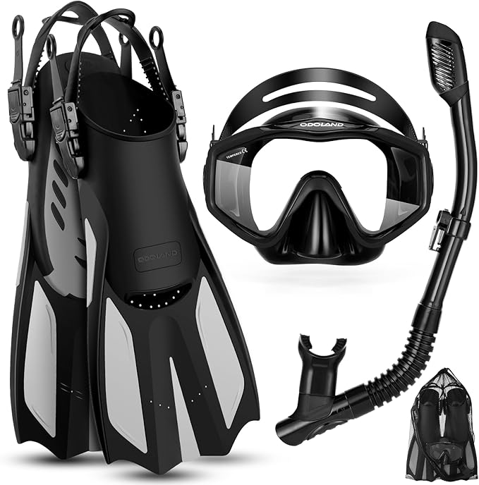 Odoland Kids Snorkeling Packages Snorkel Set, Dry Top Snorkel Mask with Adjustable Swim Fins for Boys and Girls Age 7-14