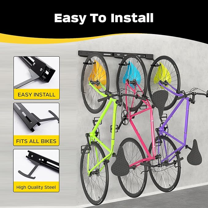 Bike Storage Rack Wall Mount Bike Rack | Steel Bike Mount Wall | Adjustable Bike Hangers for Garage (6 Bike Rack)