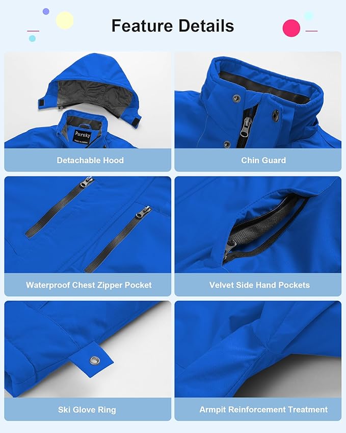 Pursky Boy's Waterproof Ski Jacket Kids Winter Snow Coats Fleece Raincoats Parka