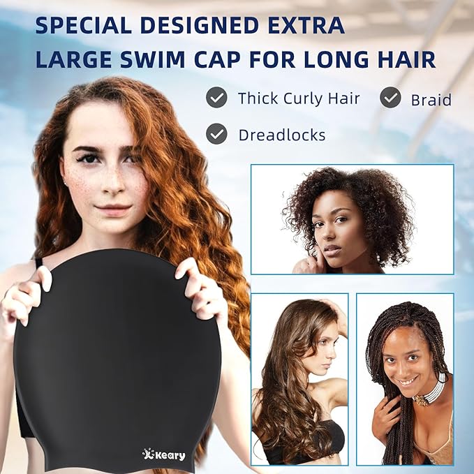 Keary Extra Large Swim Cap for Braids and Dreadlocks Extensions Weaves Long Hair, Waterproof Silicone Cover Ear Bath Pool Shower Swimming Cap for Adult Youth to Keep Hair Dry, Easy to Put On and Off