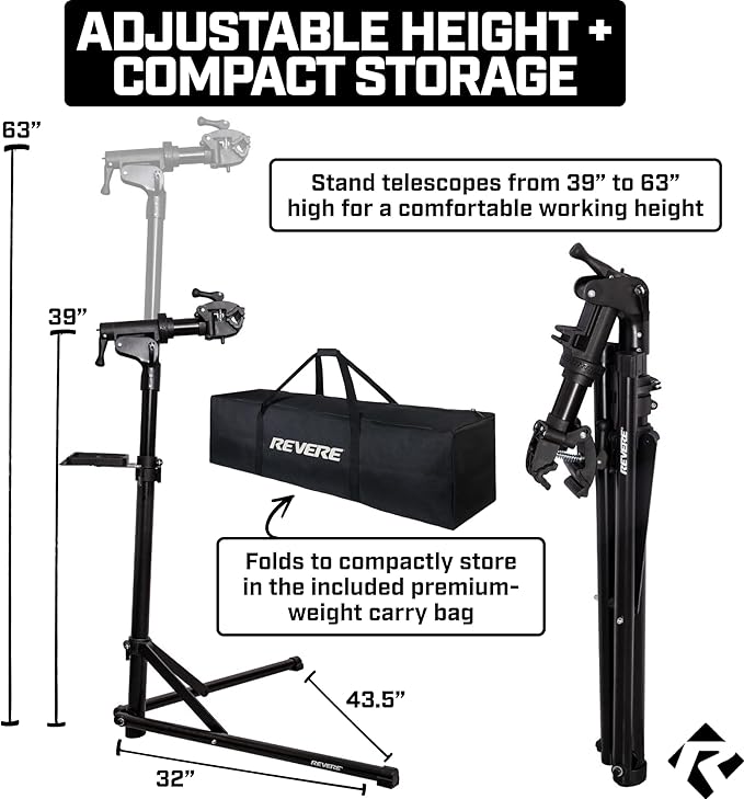 Revere Bike Repair Stand & Storage Bag, Telescoping Arm, Rotating Clamp, Magnetic Tool Tray, and Adjustable Handlebar Rod - Heavy Duty, Sturdy, Adjustable