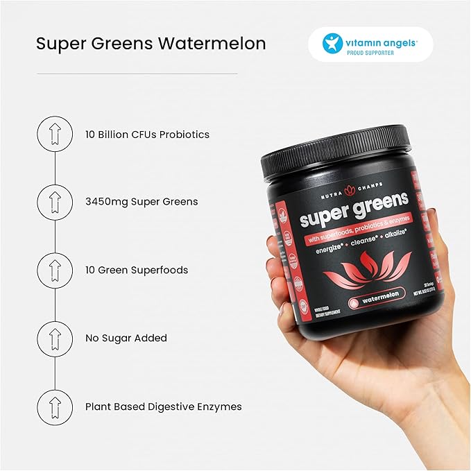NutraChamps Super Greens Powder Premium Superfood | 20+ Organic Green Veggie Whole Foods | Alfalfa, Spirulina, Chlorella & More | Antioxidant, Digestive Enzyme & Probiotic Blends | Watermelon