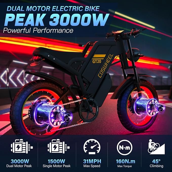 COSWHEEL GT20 Electric Bike for Adults 2000/3000/4000W 48V/25/40AH Removable Battery 83-145Miles 7-Speed 20x4Tires Dirtbike Mountain Electric Motorcycle for Rocky Off-Road Riding