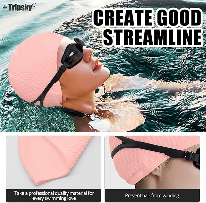 Tripsky Silicone Swim Cap,Comfortable Bathing Cap Ideal for Curly Short Medium Long Hair, Swimming Cap for Women and Men, Shower Caps Keep Hairstyle Unchanged…