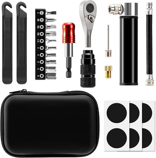 Bike Repair Tool Kit with Mini Pump & 10 Magnetic Bits - Alloy Multitool for Bicycle, MTB, Road Cycling - Portable Multifunction Tool Set Include Tire Inflator for Presta/Schrader Valves