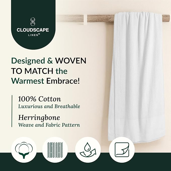 Cloud Scape Linen 100% Cotton Blanket King Size for Bed – Lightweight Summer Blanket, Herringbone Weave,fits California King Size Bed, 92x108,White