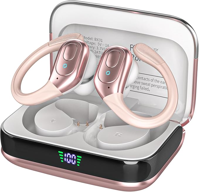 Wireless Earbuds Bluetooth 5.4 Headphones, Noise Canceling Ear Buds with 75hr Playtime, LED Power Display, IPX7 Waterproof Earphones Over-Ear Earphones for Sports/Workouts - Rose Gold
