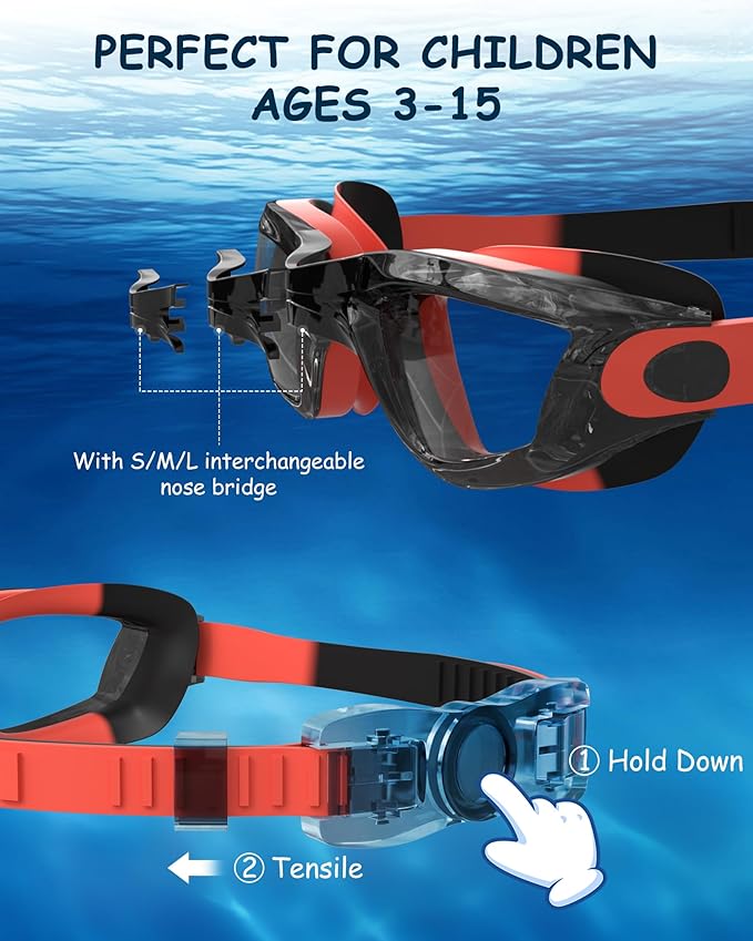 Kids Swim Goggles, Swimming Goggles for Kids Toddlers 3-14 with Swim Cap, Nose Clip, Nose Bridge, Ear Plugs