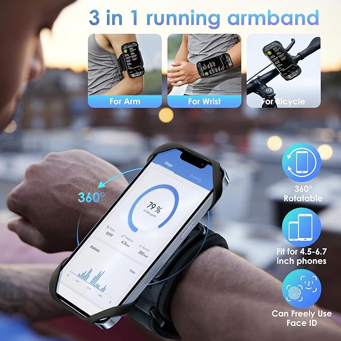 Cikyner Running Armband, 3 in 1 Running Phone Holder Sports Armband Bicycle Phone Holder 360° Rotatable & Detachable Running Phone Armband for 4.5-7'' iPhone Huawei for Gym Running Hiking