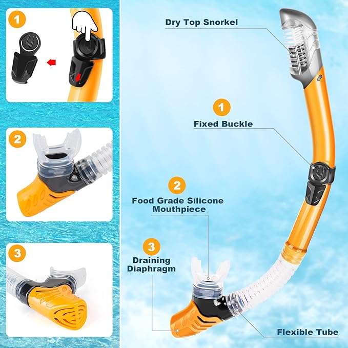 ZEEPORTE Mask Fin Snorkel Set, Travel Size Snorkeling Gear for Adults with Panoramic View Anti-Fog Mask, Trek Fins, Dry Top Snorkel and Gear Bag for Swimming Training, Snorkeling Kit Diving Packages