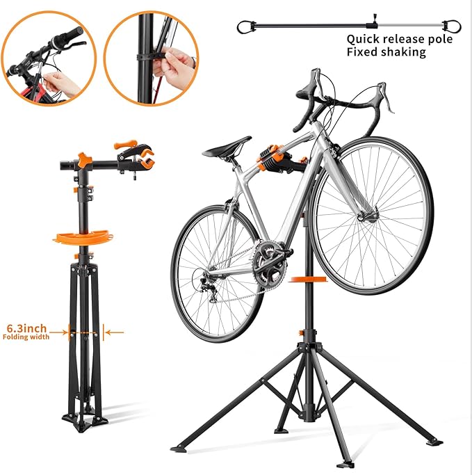 teraysun Bike Repair Stand (Max 66lbs/30kg) - Foldable Workstand with Magnetic Tool Tray (24.5x13cm), 360° Rotatable Head, GS Certified for 20-29" Mountain/Road Bikes