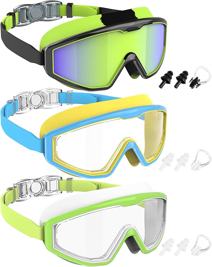 NSSIW Swim Goggles Swimming Kids-Goggles: Anti Fog No Leak with Nose Clip Earplugs for Girls Boys Youth 6-14 3 Pack