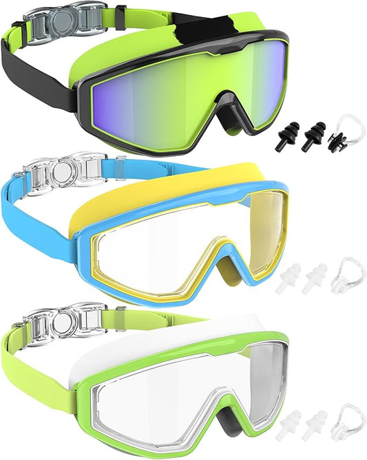 NSSIW Swim Goggles Swimming Kids-Goggles: Anti Fog No Leak with Nose Clip Earplugs for Girls Boys Youth 6-14 3 Pack