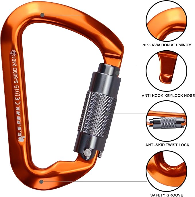 SEPEAK UIAA 30kN Climbing Carabiner Clips, Professional Heavy Duty Twist Locking Carabiners for Climbing,Mountaineering, Rappelling, Camping, Hiking, Swings, Large D Ring Hooks
