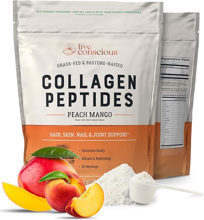 Live Conscious Collagen Peptides Powder - Peach Mango Flavored Collagen Powder - Hair, Skin, Nail, & Joint Support - Type I & III Grass-Fed Collagen Supplements for Women and Men - 30 Serving - 12.4oz