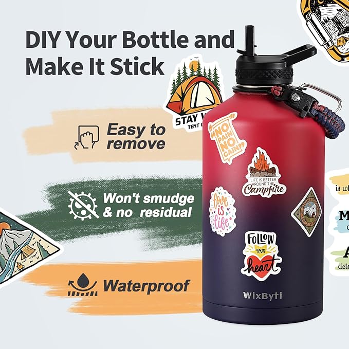 One Gallon Water Bottle Insulated, Triple Wall Vacuum Cold for 48 Hrs & Leak-proof & Non-BPA, 128oz Large Sports Stainless Steel Water Jug with Paracord Handle Straw Spout Lids & DIY Stickers