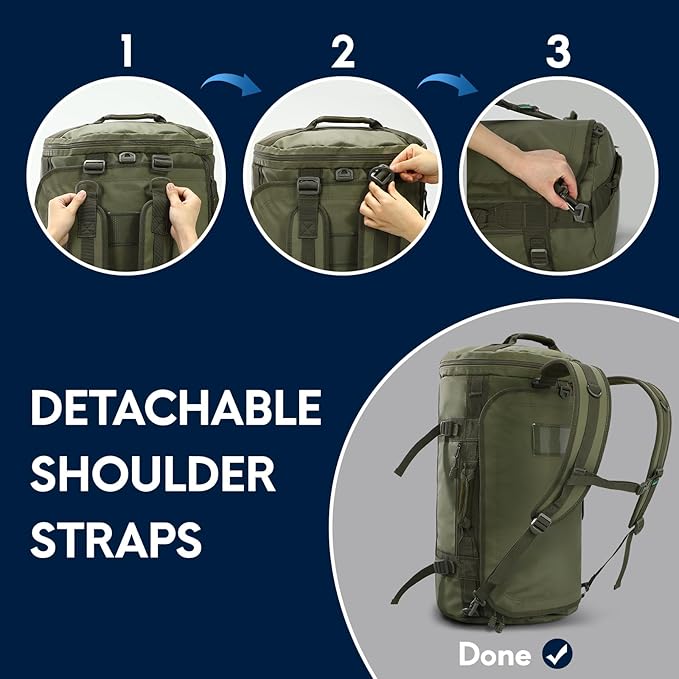 Haimont Large Duffle Bag Backpack for Men Women, 60L Convertible Travel Duffel Bags with Shoes Compartment, Carry on Durable Duffle for Sports Gym Hiking Camping, Water-resistant, Army Green