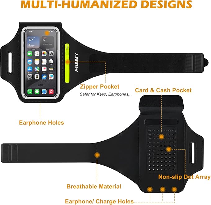 Running Armband with Earphone Bag Cell Phone Armband for iPhone 16 15 Pro 14 Plus 13 11 XR XS, Galaxy S24/S10 Water Resistant Sports Phone Holder Case & Zipper Slot Car Key Holder for 6.9 inch Phone